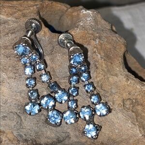Vintage 50s Silver Tone Blue Glass Crystal Drop Screw Back Earrings